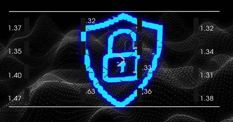 Floating neon-blue pixelated shield with padlock icon in virtual field, with Stock Photos
