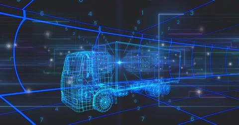 Floating neon blue wireframe box truck traversing grid tunnel, with numeric m Stock Illustration