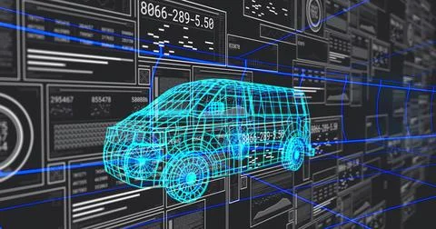 Floating neon blue wireframe van model emphasizing dimensions in virtual hub, Illustrazione stock