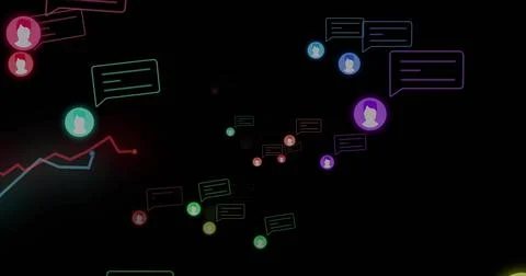 Floating neon chat bubble cluster and avatar discs curving across dark canvas, Stock Photos
