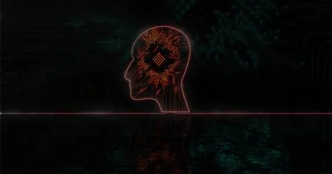 Floating neon circuit-traced head silhouette glowing over reflective surface, Stock Illustration