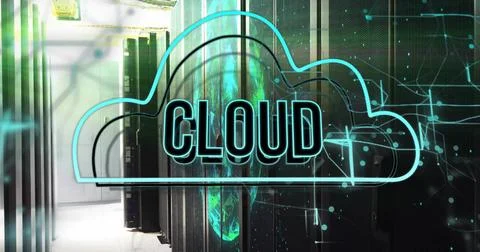 Floating neon cloud graphic displaying CLOUD over data center corridor, with Stock Illustration