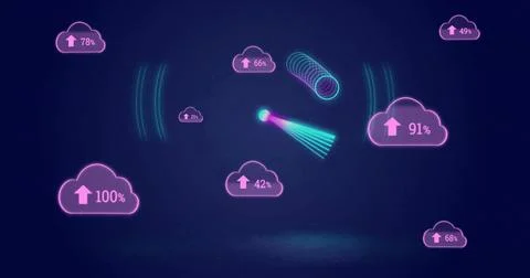Floating neon cloud upload icons with % labels, central teal orb emitting beams Stockillustratie