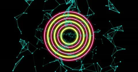 Floating neon concentric rings rotating in virtual network, with swirling Foto stock