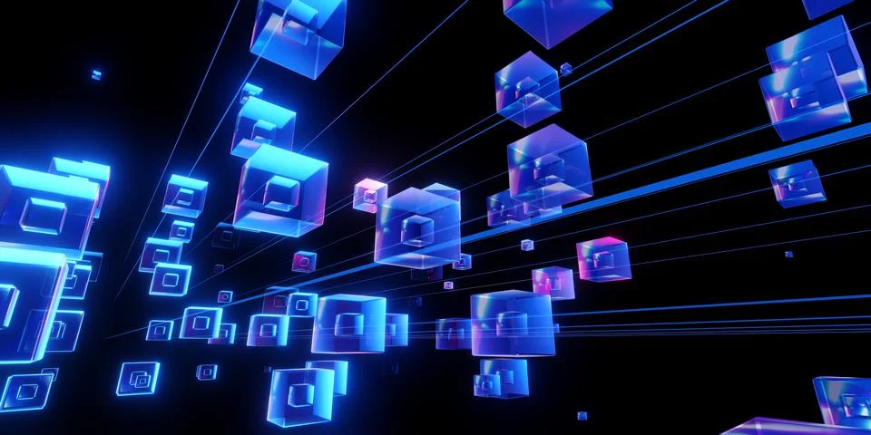 Floating Neon Cubes and Data Lines in Abstract Digital Network Stock Illustration