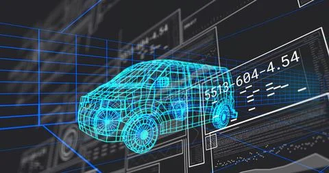 Floating neon-cyan wireframe SUV model hovering in virtual simulator, showing Stock Illustration