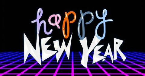 Floating neon-gradient happy New Year lettering above magenta-blue grid stage Ilustração Stock