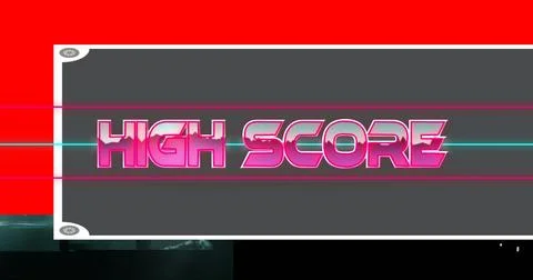 Floating neon-gradient HIGH SCORE text in retro digital design, on white panel Stock Photos