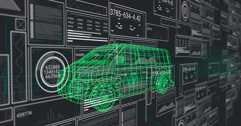 Floating neon-green 3D wireframe van rotating in virtual workspace, with 스톡 일러스트