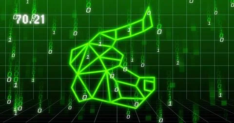 Floating neon green low-poly polygon hovering on virtual grid with falling Stock Illustration