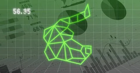 Floating neon green low-poly bull head rotating over grid plane, showing readout Ilustração Stock
