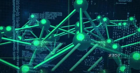 Floating neon green network structure flowing in cyberspace, with glowing nodes, Illustrazione stock