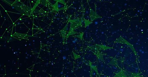 Floating neon green node-and-line mesh forming triangular faces in deep-space Stock Photos