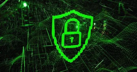 Floating neon green pixel shield bearing lock icon hovering in virtual space Stock Illustration
