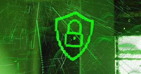 Floating neon-green pixelated shield with padlock icon in cyberspace UI, with Stock Illustration