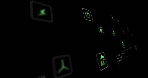 Floating neon green power button rotating in UI, with gear, node, cloud upload Illustrazione stock