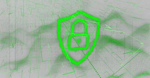 Floating neon green shield displaying padlock icon in abstract digital network, 스톡 일러스트