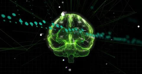Floating neon green wireframe brain hovering in cyberspace, with glowing nodes Stock Photos