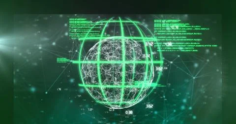 Floating neon green wireframe globe showing network nodes and code snippets in Stock Illustration