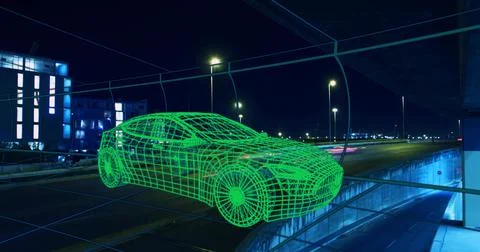 Floating neon green wireframe hatchback hologram hovering above overpass at Stock Photos