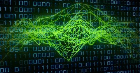 Floating neon green wireframe mesh weaving through binary code grid, with data Stock Illustration