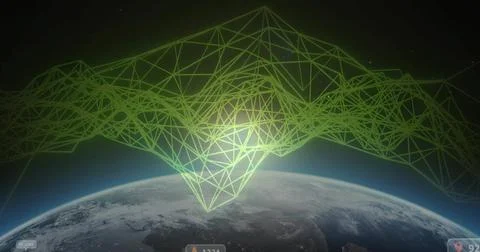 Floating neon green wireframe mesh above Earth horizon in low Earth orbit, with Illustrazione stock