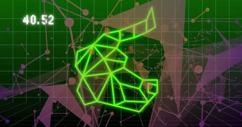 Floating neon green wireframe polygon hovering above 3D grid floor, showing HUD Stock Photos