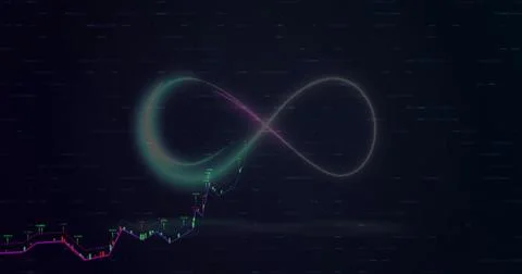 Floating neon infinity symbol hovering over rising candlestick chart in Stock Photos