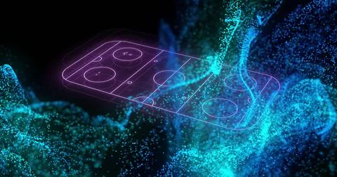 Floating neon magenta wireframe rectangular device in virtual space, with Stock Illustration