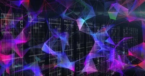 Floating neon mesh connecting network in dark cyberspace, with light nodes and Stockfoto's