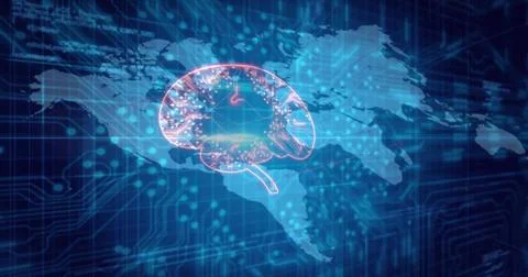 Floating neon outlined brain silhouette glowing over world map, with circuit Illustrazione stock