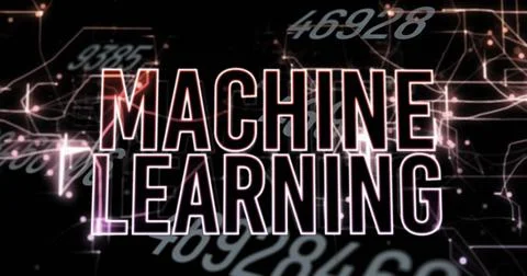 Floating neon-outlined MACHINE LEARNING text in network, with glowing network 写真素材