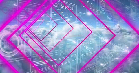 Floating neon pink diamond frames converging in virtual space, with holographic Stock Photos