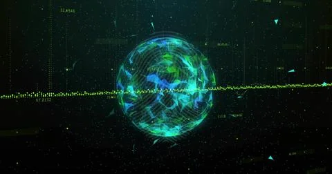 Floating neon polygonal sphere intersecting horizontal dataflow in cyberspace Stockillustratie