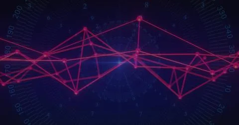 Floating neon red network graph on dark blue radial gauge, with glowing nodes 스톡 사진