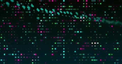 Floating neon squares and circular dots forming data grid in dark virtual space, Stock Illustration