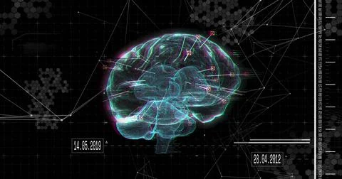 Floating neon wireframe brain hovering on screen with data nodes, question icons Stock Photos