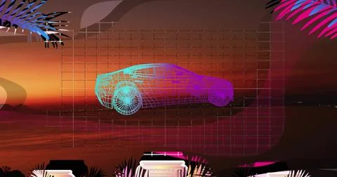 Floating neon wireframe car hovering above translucent grid at coastal sunset, Stock Illustration