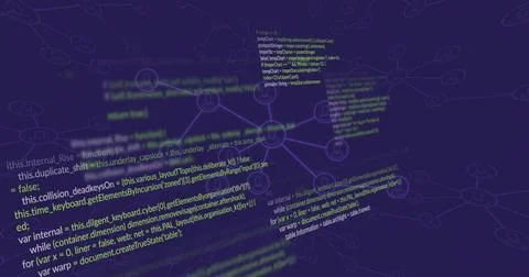 Floating network cluster receding in 3D scene, showing code and glowing nodes Stock Photos