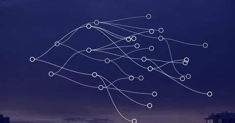 Floating network diagram with white nodes and curved connections against dusk Foto stock