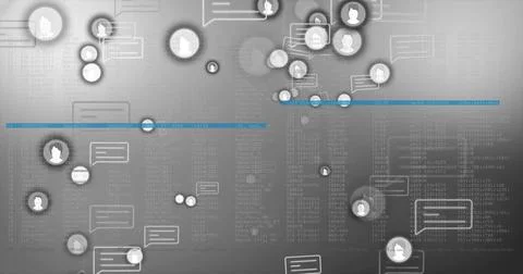 Floating network display showing circular avatars chatting, bubbles on gray UI, Stockillustratie