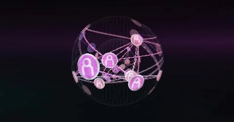 Floating network globe showing glowing user-profile icons linked by dotted lines Stock Illustration