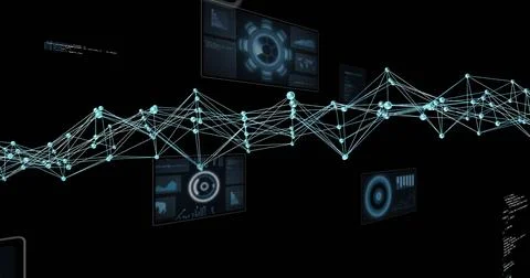 Floating network of glowing nodes and connecting lines in digital interface, 스톡 일러스트