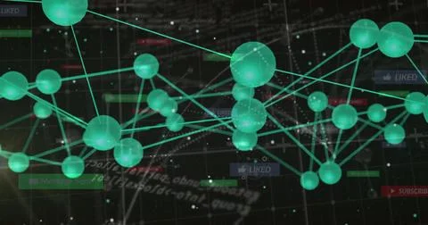 Floating network graph linking glowing green spheres in digital grid, with UI Stock Illustration