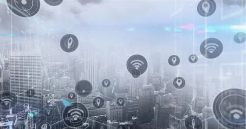 Floating network icons linking skyscraper cluster at downtown aerial view, Ilustración de archivo