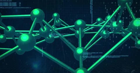 Floating network linking glowing green spheres with tubular rods above grid 库存插图