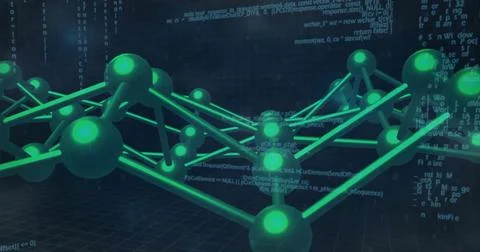 Floating network showcasing glowing green nodes and rods above dark grid, with Stockfoto's