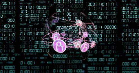 Floating network sphere showing pink-purple avatar nodes and links against cyan Stock Illustration