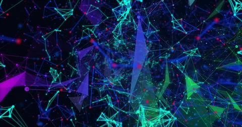 Floating network structure forming glowing nodes and neon lines in digital vo Illustrazione stock