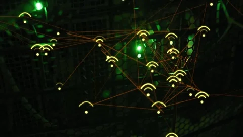 Floating network visualization on green LED flicker, expanding nodes and forming Stock Footage 333903089